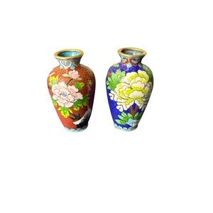 Set of 2 3” Blue Red Gold Cloisonné Bud Vases Miniature Asian Decor